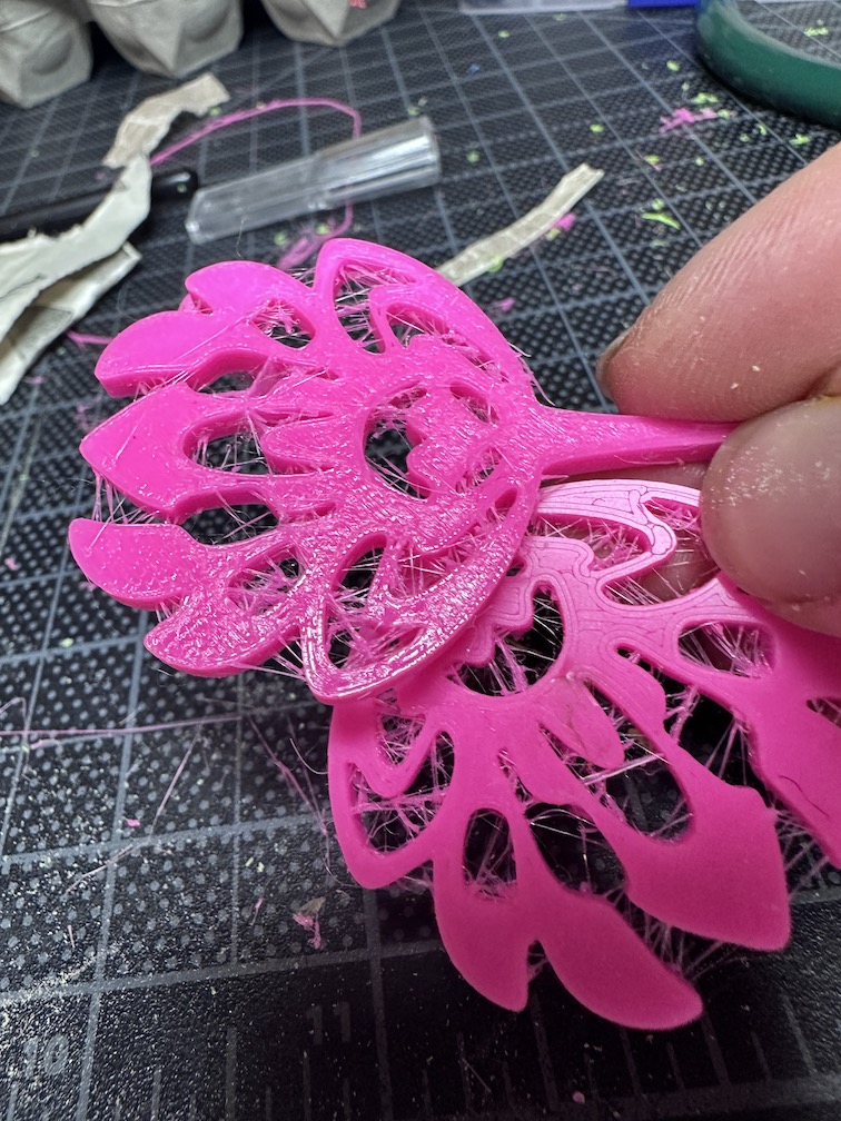 close-up of 3D print showing stringing